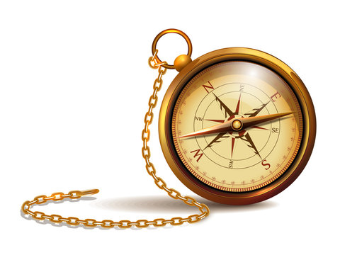 Vintage gold compass with chain and wind-rose.