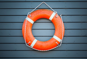 Red lifebuoy hanging on blue wooden wall