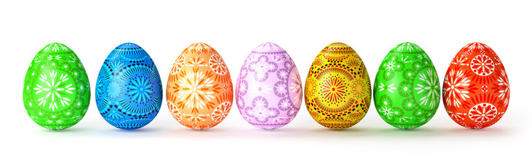3D render of 7 folk multicolored easter eggs aligned on the whit