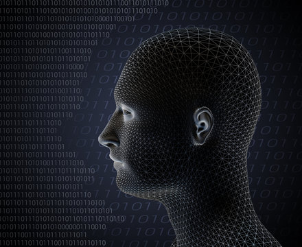 3d render of cyber man on grey background with computer language