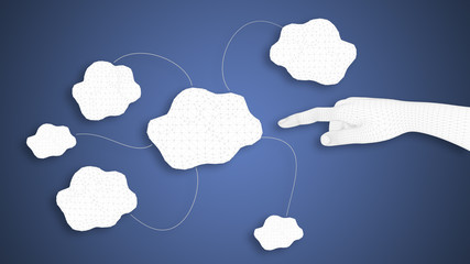 3D render of a white human hand indicating virtual clouds on blu