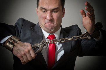 Angry businessman breaking the shackles on his hands
