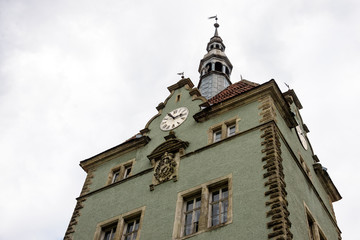 Fototapeta na wymiar Clock Tower of Shenborn Castle, Ukraine. Architectural details.