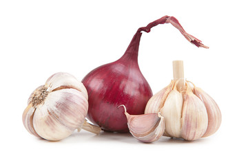  onion and garlic isolated on white background