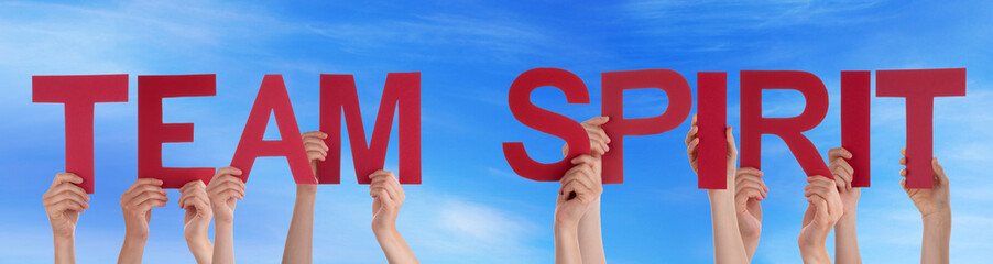 Hands Hold Red Straight Word Team Spirit Blue Sky