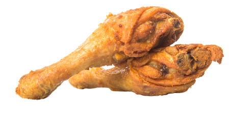 Deep fried chicken drumsticks over white background