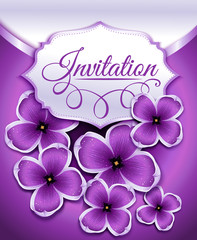 Wedding invitation card with lilac floral background.