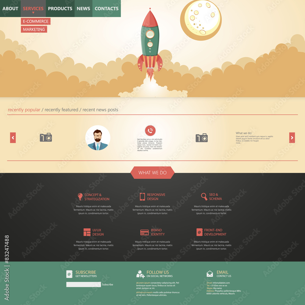 Poster flat design website template with rocket retro spaceship