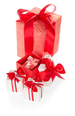 Set of gift boxes decorated with colorful ribbons and bows