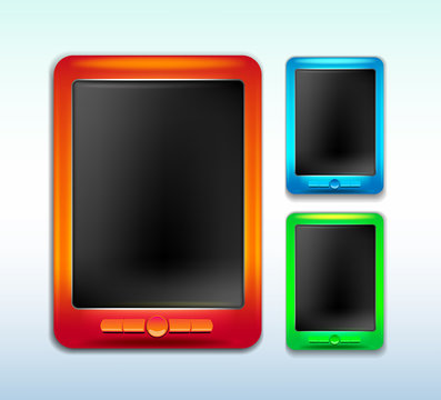 green blue red banners, computer tablet with buttons