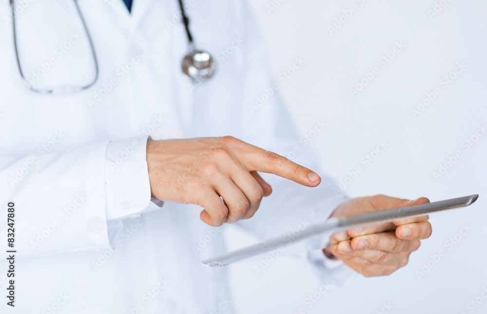 Sticker male doctor holding tablet pc