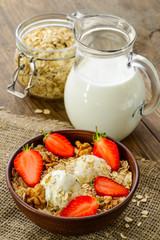 Healthy Breakfast. Natural yogurt with muesli and walnut