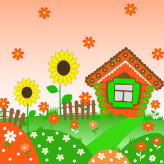 Fototapeta premium Rural landscape with a lodge and sunflowers