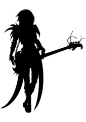 Rock musician woman silhouette with a bass electro guitar