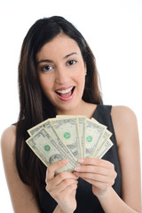 successful young business woman holding dollar bills
