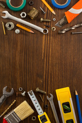set of tools and instruments on wood