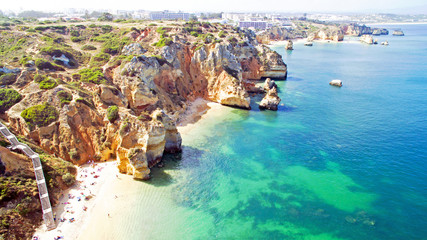 Aerial from natural rocks near Lagos in the Algarve Portugal