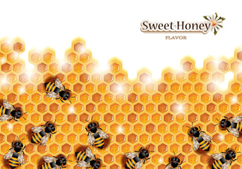 Honey Background with Bees Working on a Honeycomb