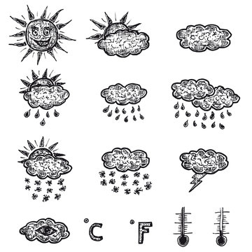 Hand drawn set of weather icons, Suns, rians  And clouds 