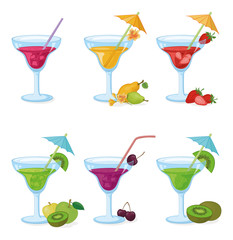 Vases and glass of juice, fruits, berries