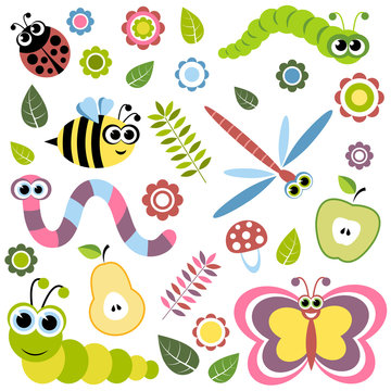 Background with cartoon insects, flowers, leaves, apple and pear