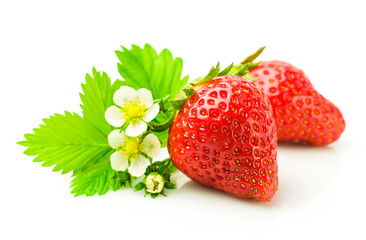 Fresh ripe strawberries with leaf and flowers