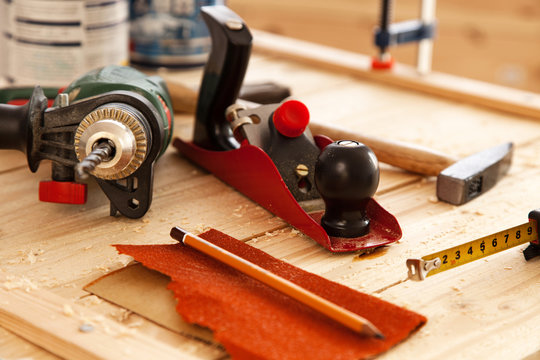 Woodworking tools on a carpenter's table