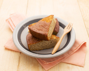 Slice of banana cake, selective focus