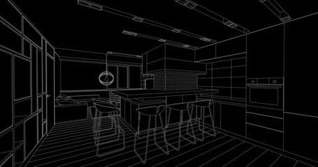 Interior drawing on a black background. 