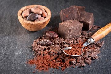 Cocoa and chocolate on a stone background