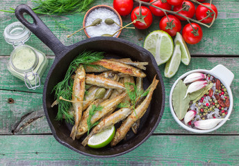 Fried small fish. Smelt.