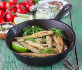 Fried small fish. Smelt.