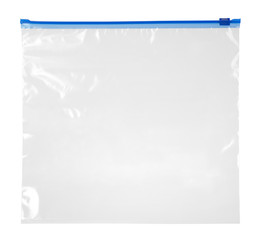 Empty plastic zipper bag isolated on white background