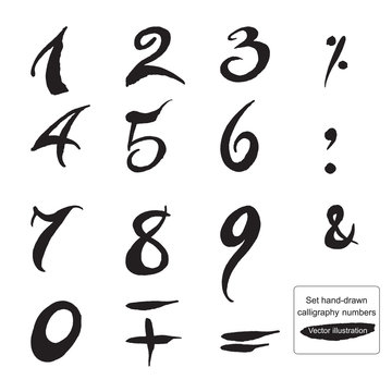 Set hand-drawn ink calligraphy numbers and symbols.