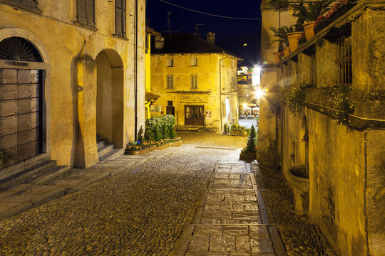 Orta San Giulio old city, night view. Color photo