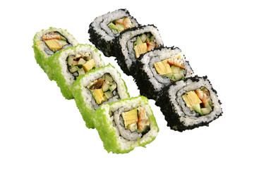 close-up shot of traditional fresh japanese sushi rolls