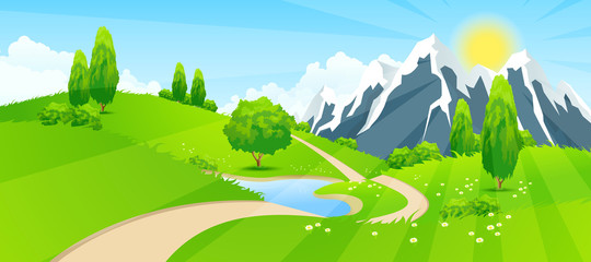 Obraz premium Green Landscape with Road and Mountains