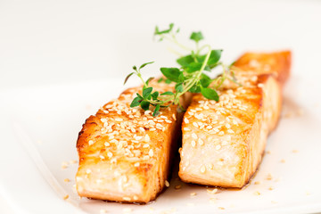 Grilled salmon on white plate selective focus