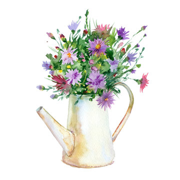 Watercolor jug (watering can) of flowers.