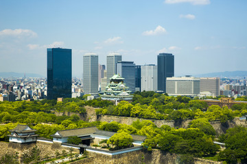 新緑の大阪城とビル群