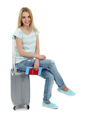 Woman holding suitcase, isolated on white