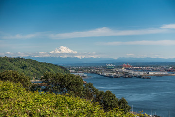 Majestic Mount Rainier overlooks the Port of Tacoma.