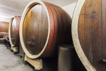 Barrels in a wine cellar