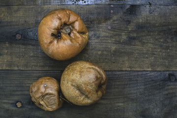 Rotten apples on wood