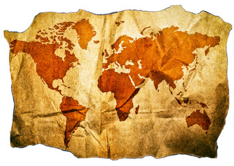 Antique World map with beautiful grunge details isolated on whit