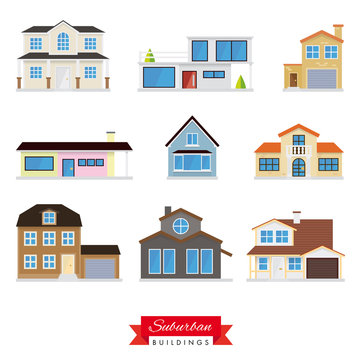 Suburban Buildings Vector Set. Collection of 9 icons.