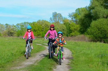 Naklejka premium Mother and kids on bikes cycling outdoors, family sport 