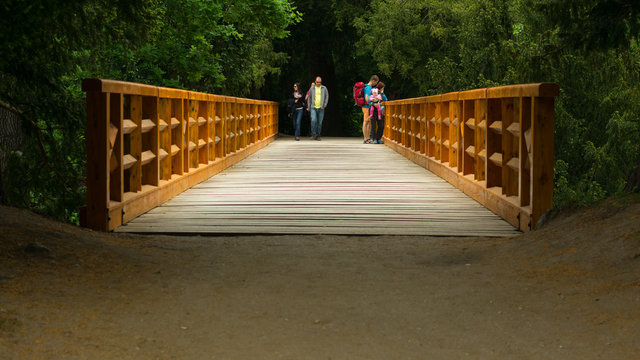People standing on the wooden bridge