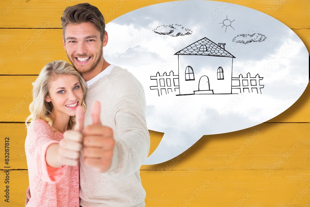 Poster composite image of attractive couple showing thumbs up to camera