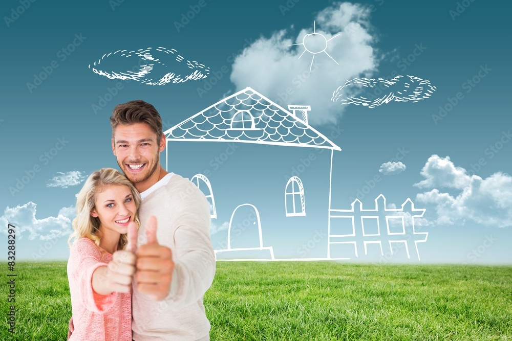 Poster composite image of attractive couple showing thumbs up to camera